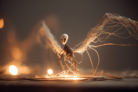 A small creature made from natural materials stands among glowing lights, showcasing intricate design and creativity in a serene setting.の素材