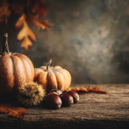 A collection of pumpkins, chestnuts, and vibrant autumn leaves fills a rustic wooden table, celebrating the beauty of fall.の素材