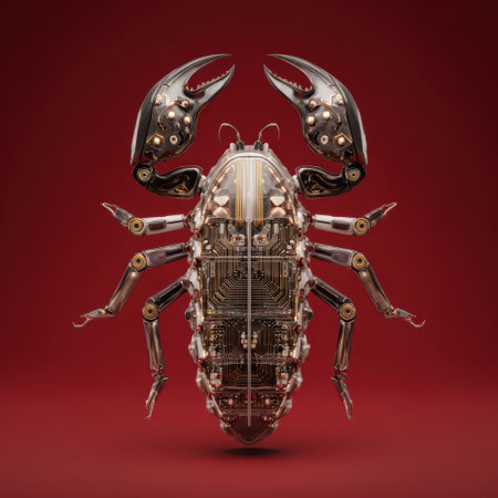 A stunning robotic crab stands proudly against a deep red background, blending intricate technology with natural form.の素材