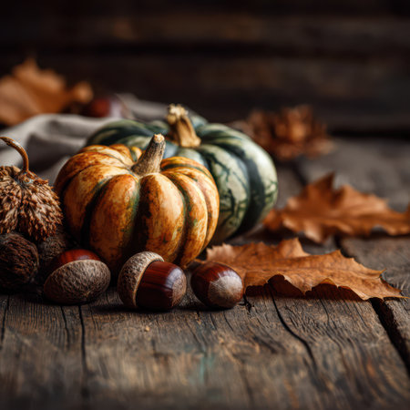 Colorful pumpkins sit among acorns and dry leaves on a weathered wooden surface, celebrating the beauty of autumn harvest.の素材