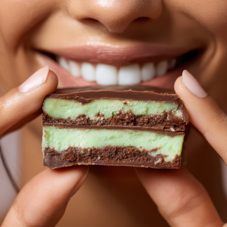 A light-filled setting showcases a person smiling widely while holding a mint chocolate treat, savoring every bite of the delicious dessert.の素材