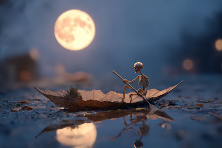 A skeleton navigates a boat made of a large leaf across tranquil waters, illuminated by a full moon's glow, creating an enchanting atmosphere.の素材