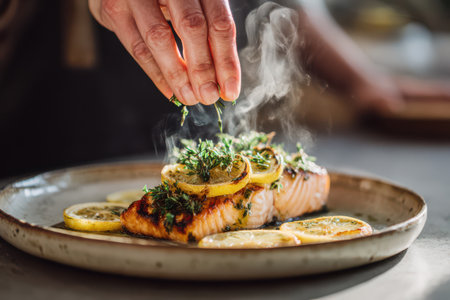 A hand sprinkles fresh herbs over a plated salmon fillet garnished with lemon slices, releasing steam in a warm kitchen.の素材