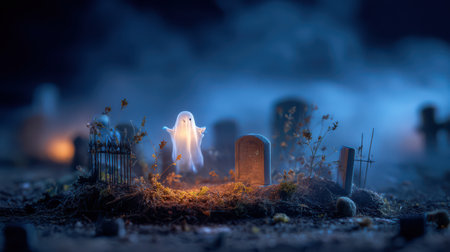 A shimmering ghost stands amidst old gravestones, surrounded by fog and dim light. It creates a haunting yet magical atmosphere at night.の素材