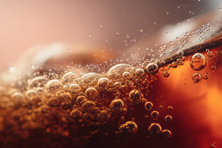 Tiny bubbles dance to the surface of a dark, fizzy drink, capturing the glow of gentle light in an inviting atmosphere.の素材