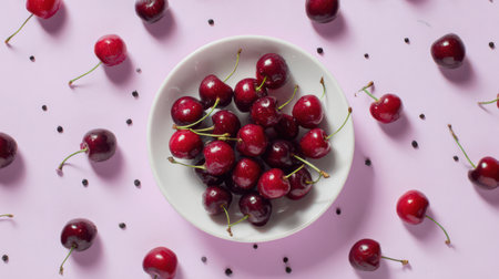 A bowl filled with juicy cherries sits on a soft pink background, surrounded by scattered cherries, capturing the essence of summer's sweetness.の素材