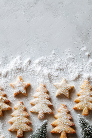 Beautifully baked holiday cookies shaped like stars and Christmas trees dusted with powdered sugar. Perfect for festive celebrations.の素材