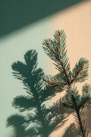 A pine branch casts delicate shadows on a pastel wall, creating a beautiful contrast in afternoon light.の素材