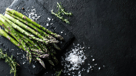 A vibrant bunch of green asparagus on slate with coarse sea salt and thyme sprigs highlights its natural beauty.の素材
