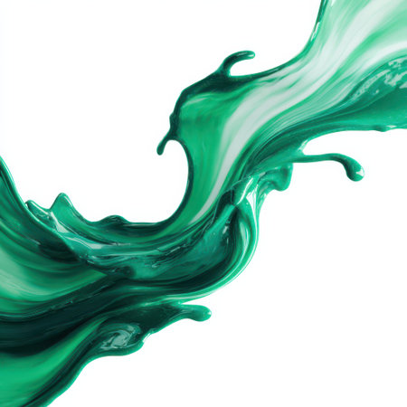 A smooth wave of green paint undulates and flows gracefully, creating a striking contrast on a clean white surface.の素材