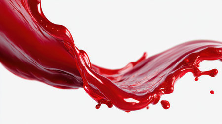 Bright red liquid flows and splashes elegantly, capturing motion and vitality in a striking dance of color against a clean white backdrop.の素材