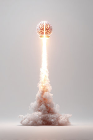 A brain ignites and soars upward, leaving a trail of smoke and light. This stunning visual represents the power of imagination and innovation.の素材