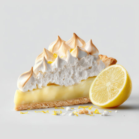 A slice of lemon meringue pie showcases fluffy meringue atop creamy lemon filling, with fresh lemon slices for added zest.の素材