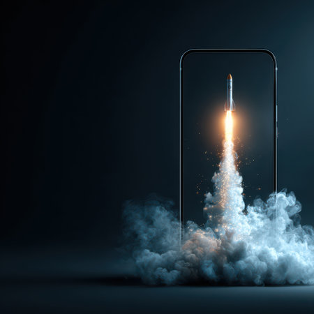 A rocket bursts into the air from a glowing smartphone screen, showcasing the blend of technology and exploration.の素材