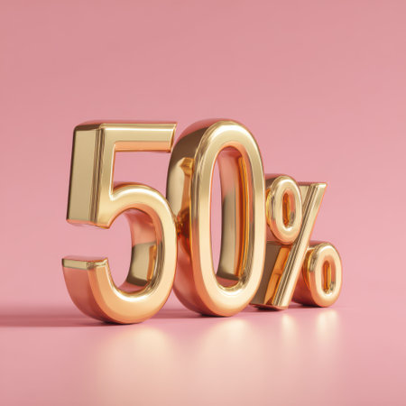A shiny golden fifty percent symbol stands prominently against a soft pink backdrop, capturing attention for sales and discounts.の素材