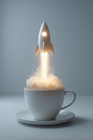 A charming coffee cup filled with steaming brew showcases a rocket taking off, leaving behind wisps of vapor. This playful scene captures imagination.の素材