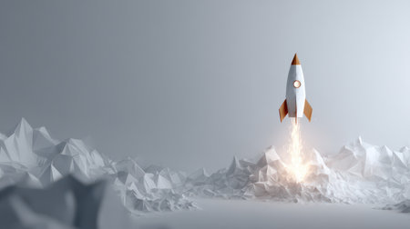 A vibrant rocket launches from a snowy terrain, leaving behind a trail of flame and smoke. The tranquil landscape surrounds it as it ascends.の素材