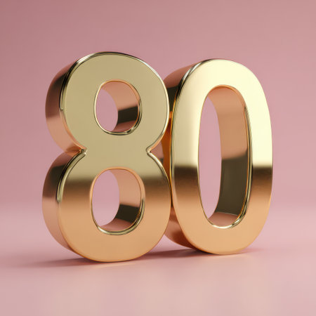 A shiny golden number eighty stands proudly, reflecting light and creating a festive atmosphere perfect for a celebration.の素材