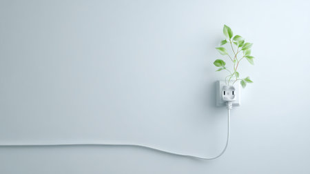 A vibrant green plant emerges from a wall outlet, symbolizing the connection between technology and nature in a modern space.の素材