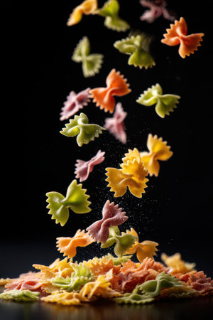 Vibrant bowtie pasta in playful colors cascades elegantly downward, showcasing a fun cooking moment.の素材