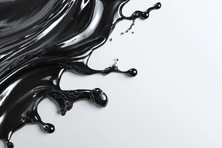 Thick black paint flows and splatters across a white surface, forming dynamic shapes and textures. The contrasting colors highlight creativity.の素材