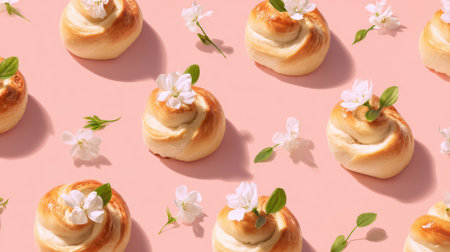 Soft, golden brown sweet rolls with fresh cream and flowers create an inviting scene against a pastel backdrop.の素材