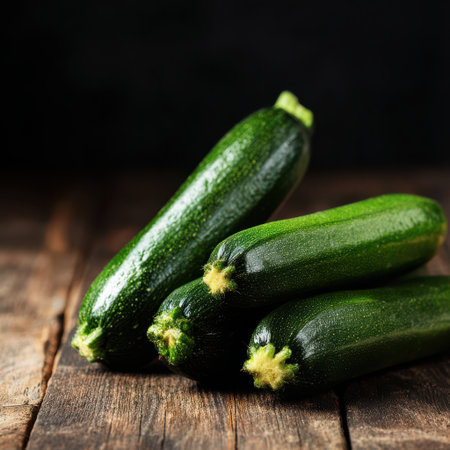 Four glossy green zucchinis rest on a warm wooden surface, showcasing their vibrant color and fresh appeal.の素材