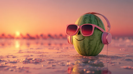 A cheerful watermelon wearing sunglasses and headphones relaxes on the beach during a colorful sunset, enjoying a peaceful moment by the water.の素材