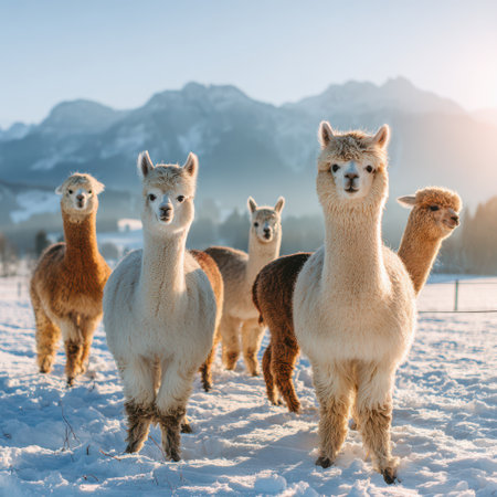A group of lively alpacas stands in fresh snow, surrounded by majestic mountains and a magical winter atmosphere.の素材