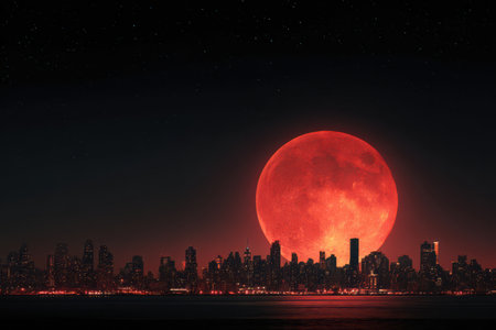 A striking red moon rises above the city, casting a warm glow on the glowing skyline. The scene captures nighttime serenity and urban energy.の素材