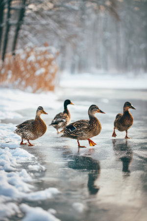 Four ducks stroll on a frosty pond, surrounded by snowy trees and tranquil nature, capturing the calmness of winter.の素材