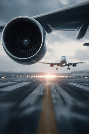 Two airplanes are captured in motion during twilight, highlighting a busy runway atmosphere and the power of jet engines.の素材