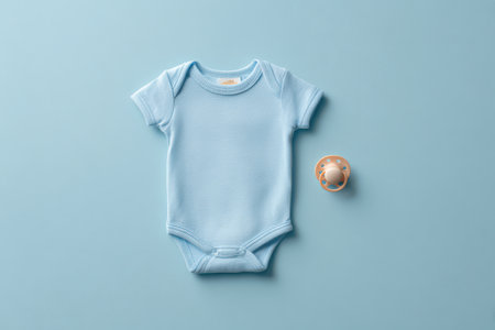 A gentle blue onesie lies next to a matching pacifier on a smooth blue surface, creating a serene baby-themed scene.の素材