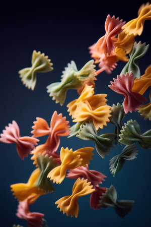 Various hues of bowtie pasta soar through the air, showcasing vibrant colors and playful shapes in a dynamic composition.の素材