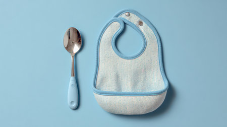 Set against a soothing blue backdrop, a soft blue bib and shiny spoon await joyful mealtimes. Perfect for little ones exploring solid foods.の素材