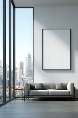 A stylish living room features a cozy sofa and large windows revealing a vibrant skyline, ideal for relaxation and inspiration.の素材