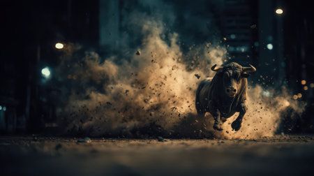 Amidst the city lights, a powerful bull bursts forward, kicking up dust in an electrifying moment. The night is alive with energy and anticipation.の素材