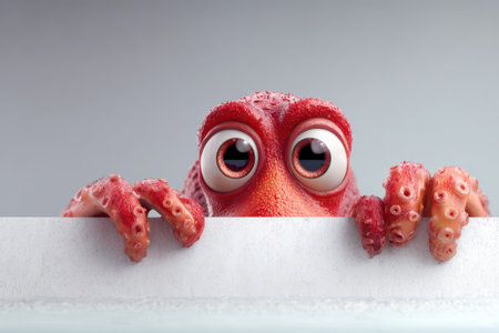 An octopus with bright colors peers over the edge of a surface, showcasing its playful nature and large, engaging eyes full of curiosity.の素材
