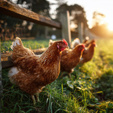 In the warm glow of sunrise, several brown hens wander through lush grass, exploring their farmyard home with curiosity.の素材