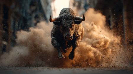 A powerful bull dashes through a bustling street, kicking up dust as vibrant colors of sunset fill the sky, capturing the spirit of local festivities.の素材