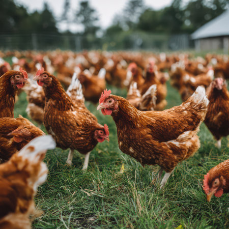 Hens roam freely across a lush green field on a sunny day, enjoying the fresh air and open space on the farm.の素材