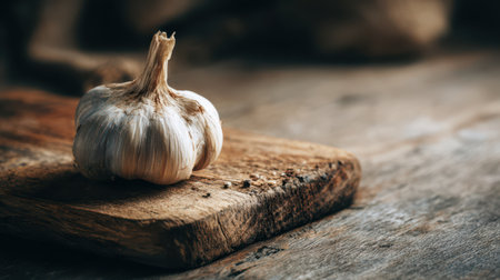 A single garlic bulb sits on a wooden cutting board, caught in warm light. The cozy kitchen evokes a sense of comfort and home cooking.の素材