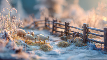 Soft sunlight filters through a winter landscape where goats graze peacefully, surrounded by frost-covered grass and wooden fences.の素材