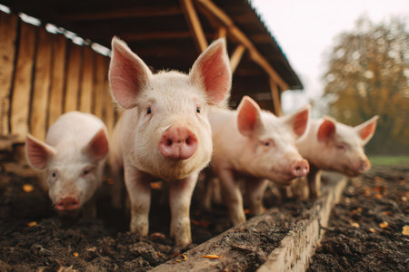 A group of playful pigs stands in the muddy ground, exploring their farmyard as the morning mist gently rolls in, creating a serene atmosphere.の素材