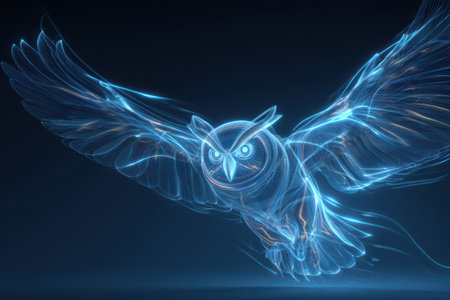 A stunning owl glides gracefully against a dark backdrop, illuminated by a mesmerizing blue light, showcasing its enchanting presence in the night.の素材