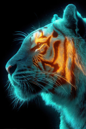 A powerful tiger stands in profile, its fur glowing with bright blue and orange light in the darkness.の素材