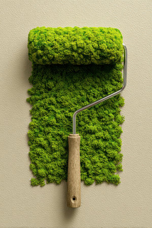 A unique roller applies lush green moss on a wall, transforming the space into a natural, vibrant area. This artistic idea blends nature with decor.の素材