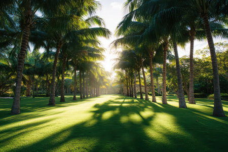 Sunlight filters through tall palm trees, casting long shadows on a vibrant green lawn. A tranquil scene invites peaceful reflection and relaxation.の素材