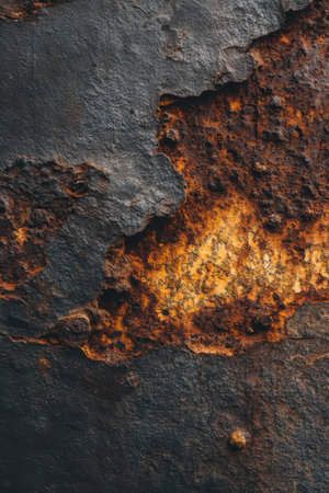 An intricate design of rust and corrosion forms an abstract scene on metal, illuminated by warm evening light, evoking a sense of time passing.の素材