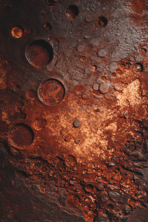 A close-up view of a rocky surface filled with craters and uneven terrain, capturing the essence of an alien landscape.の素材